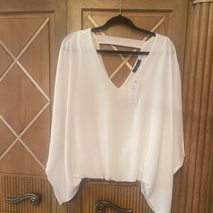 Draped Flowing White V-Neck Blouse